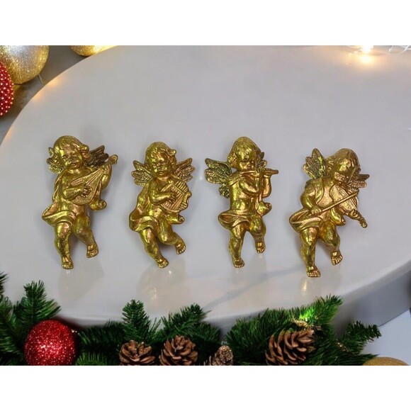 Gold Tone Cherub Angel Christmas Ornaments Set Of 4 Vintage 4 1/4” Tall - Picture 1 of 9
